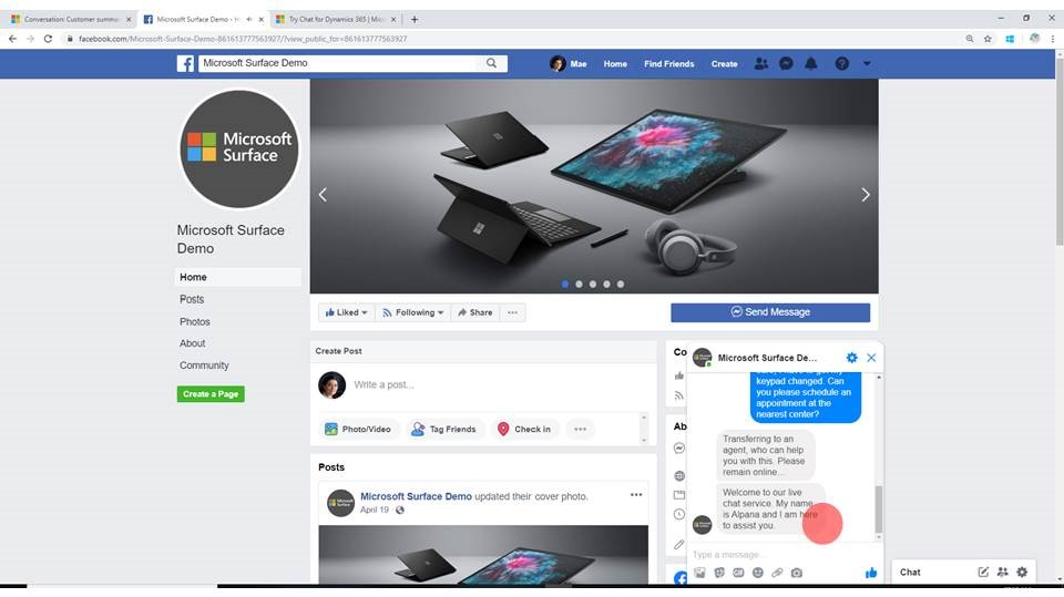 Customer view of Facebook Messenger on laptop.