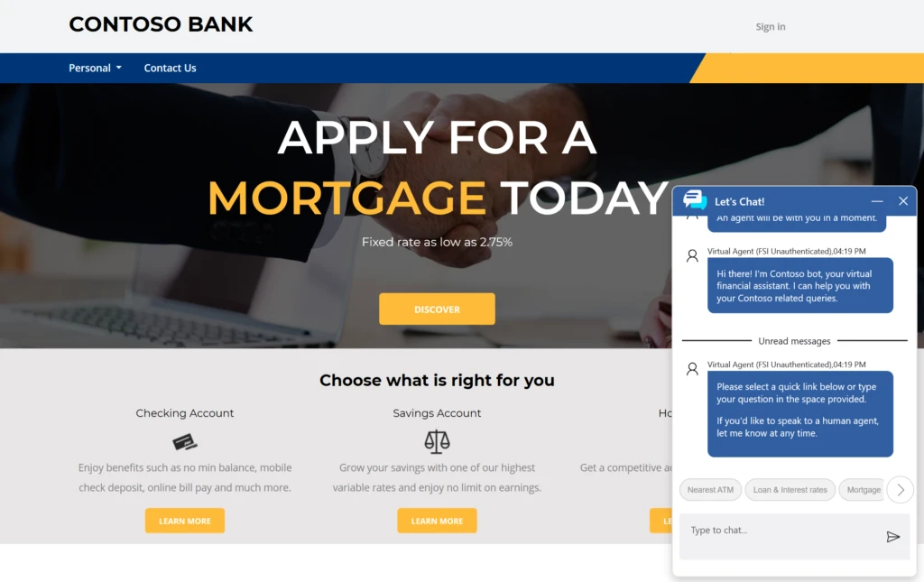 Product screenshot previewing an embedded virtual agent