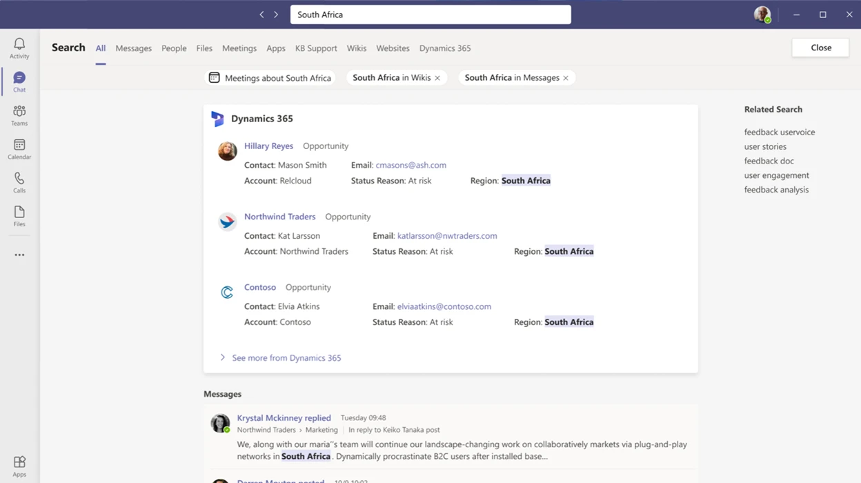 Microsoft Search surfaces results across your files, documents, customer records, and people