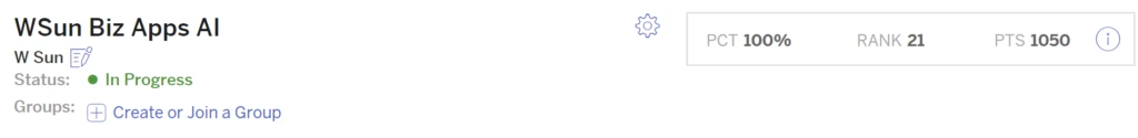 Walter Sun's Microsoft Business Applications AI bracket's current score of 1050 points on ESPN's leaderboard which shows a ranking of 21 and 100% percentile (rounded from 99.9997%).