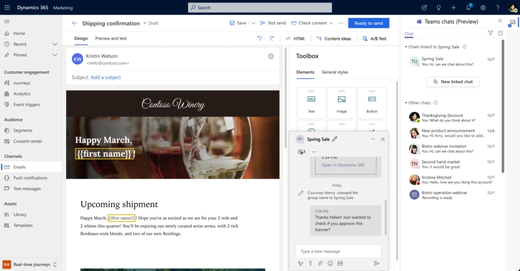 Dynamics 365 Marketing in the email design mode showing the integrated Teams chat window while collaborating on an email banner