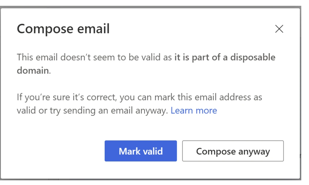 Screenshot of the notification that appears when you send email to an invalid address.