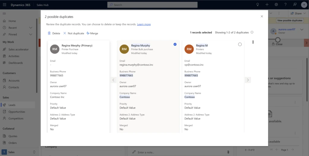 Screenshot of the merge duplicates UI in Microsoft Dynamics 365 Sales.