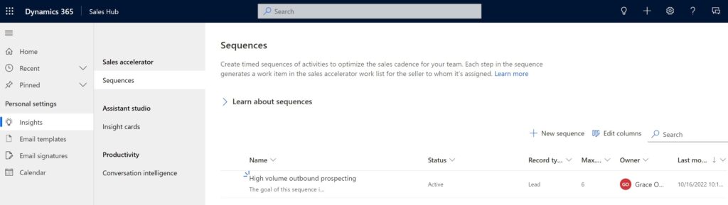 Screenshot of the new seller-owned sales sequences page in Dynamics 365 sales accelerator.