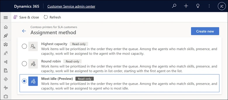 Screenshot of the work assignment settings page in Microsoft Dynamics 365 Customer Service.