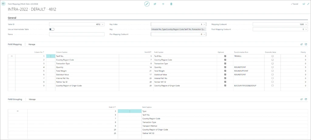 Screenshot of field mapping in the new Intrastat reporting experience in Microsoft Dynamics 365 Business Central.