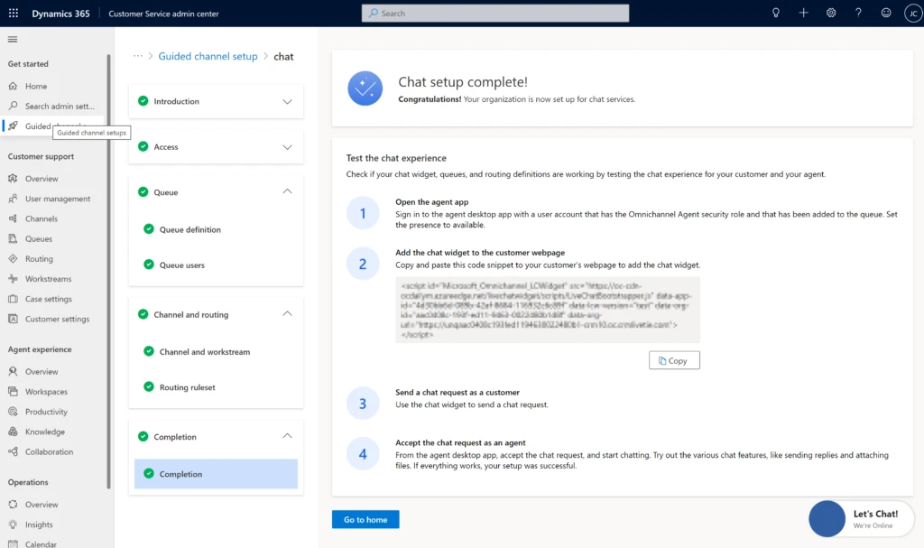 Screenshot of validation instructions in the Microsoft Dynamics 365 Customer Service guided channel setup wizard.