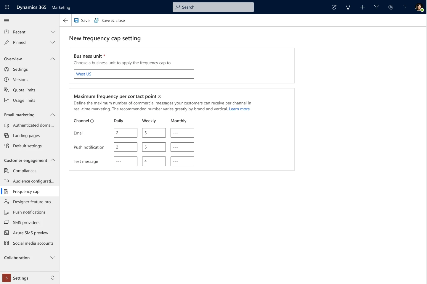 UI of setting the maximum message frequency per contact point.