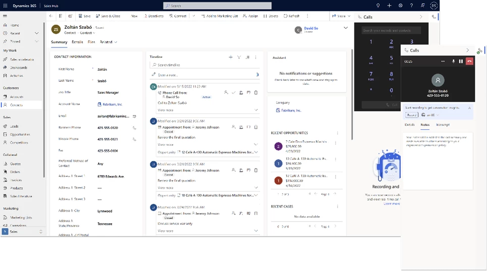 Screenshot of the embedded Teams dialer enhancing seller productivity in Microsoft Dynamics 365 Sales.