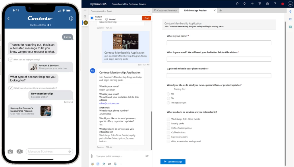 Screenshot of Microsoft Dynamics 365 Customer Service interaction using Apple Messages for Business channel.