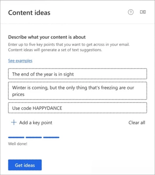 Screenshot of priming the marketing email content ideas feature in Microsoft Dynamics 365 Marketing.
