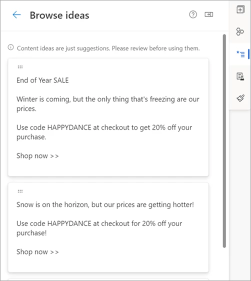 Screenshot of generated marketing email content ideas in Microsoft Dynamics 365 Marketing.