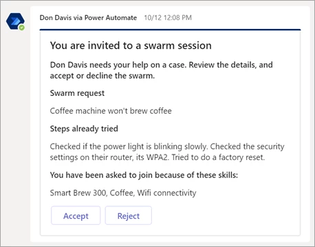 Screenshot of a collaborative customer support case swarm invitation in Microsoft Dynamics 365 Customer Service.