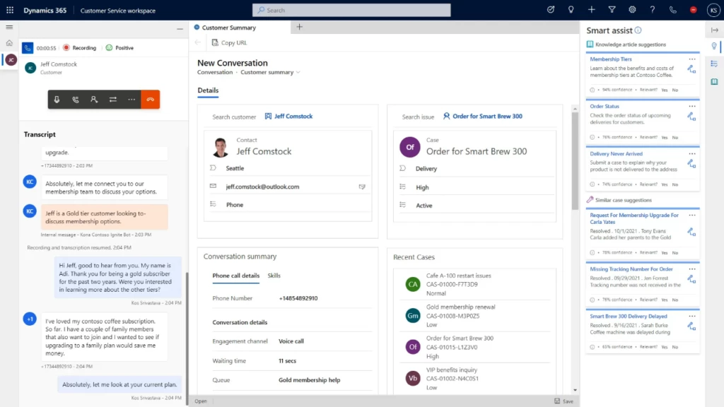 Screenshot of an agent screen in Microsoft Dynamics 365 Customer Service voice support channel.