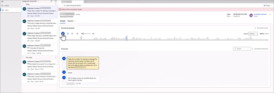 Screenshot of a voicemail form, part of call queue management in Microsoft Dynamics 365 Customer Service.