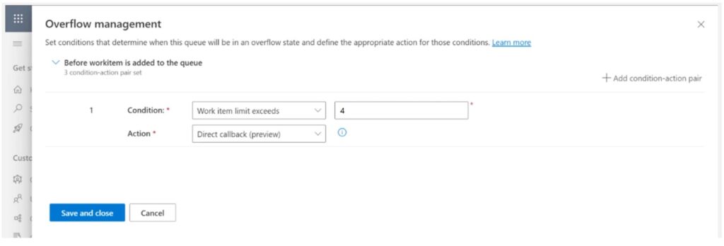 Screenshot of direct callback settings in Microsoft Dynamics 365 Customer Service voice channel.