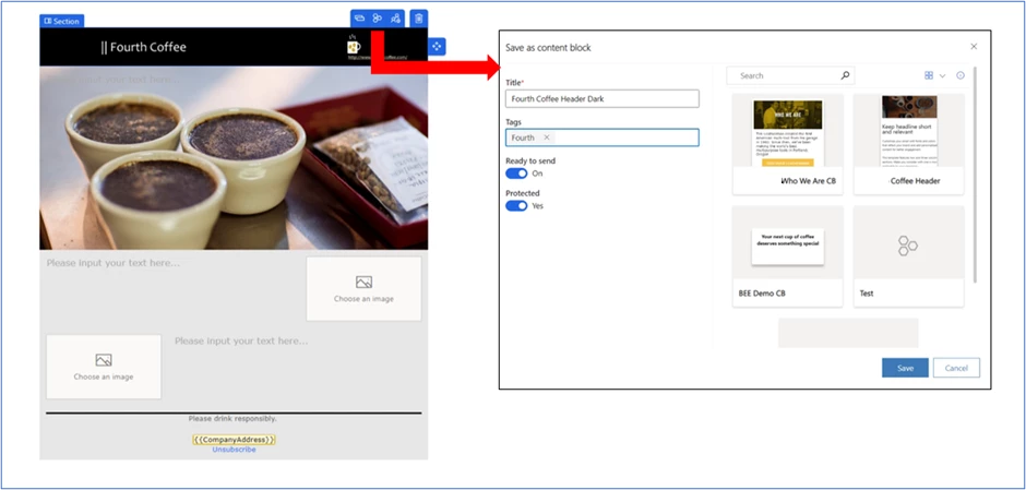 Screenshot of creating a reusable header content block in Microsoft Dynamics 365 Marketing.