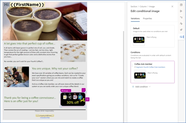 Screenshot of creating personalized offers with conditional images in Microsoft Dynamics 365 Marketing.