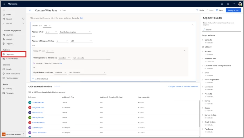 Screenshot of the new segment builder in Dynamics 365 Marketing.