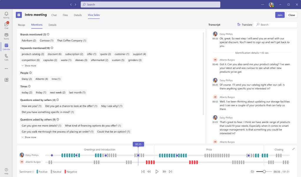 an image showing the question detection view in the meeting summary page in Teams. It shows a mentions tab which has mentions like brands, keywords, people, times and questions asked by sellers and questions asked by others. It also shows a meeting transcript on the left side-bar and a timeline of the conversation at the bottom of the screen.