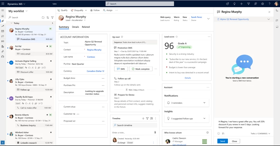 screenshot of the SMS chat editor in Dynamics 365 Sales