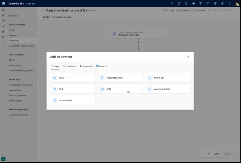 Screenshot of how to set up communication channels in a sequence in Dynamics 365 Sales, showing options that include SMS and automated SMS