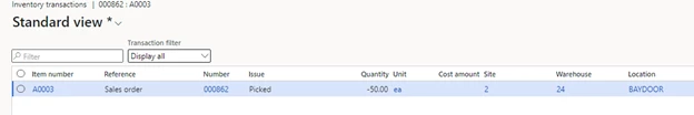 Screenshot of the standard inventory transaction view in Dynamics 365 Supply Chain Management.