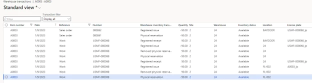 Screenshot of the warehouse transactions view in Dynamics 365 Supply Chain Management.