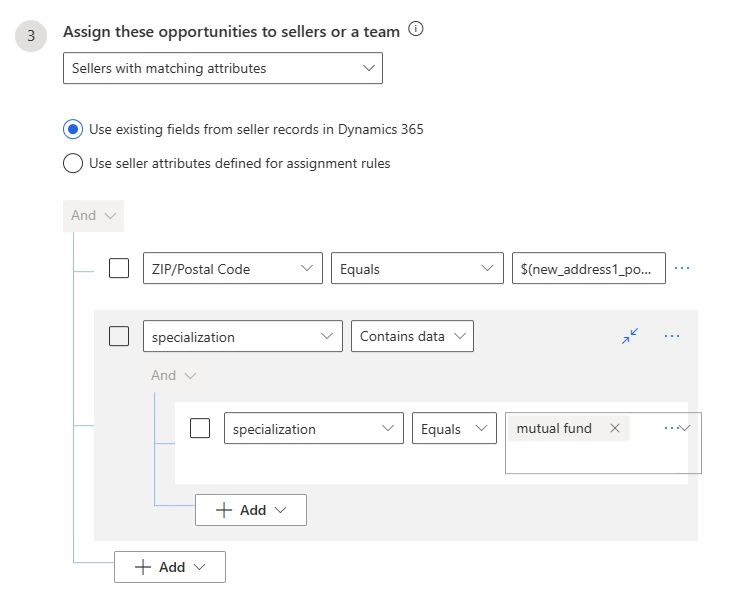 Settings screen that shows how to define seller conditions