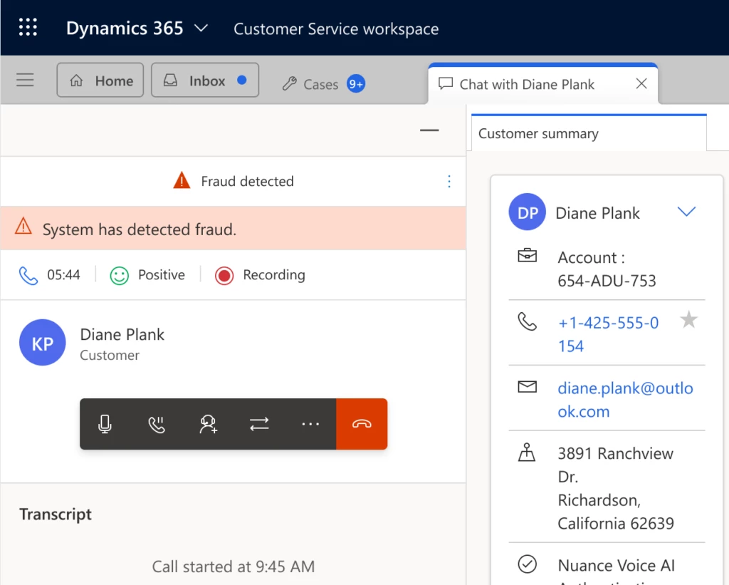 graphical user interface, Conversation with fraud detected in Dynamics 365 Customer Service