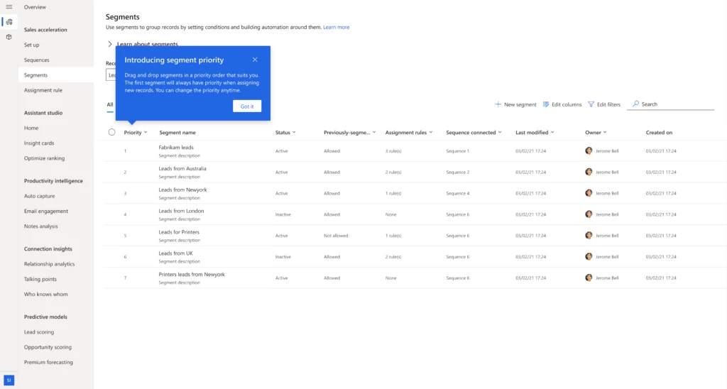 Dynamics 365 Sales app view with a left-hand selection bar and a segments view taking up the middle. In the segments view there is a table of segment names, details and their priorities.