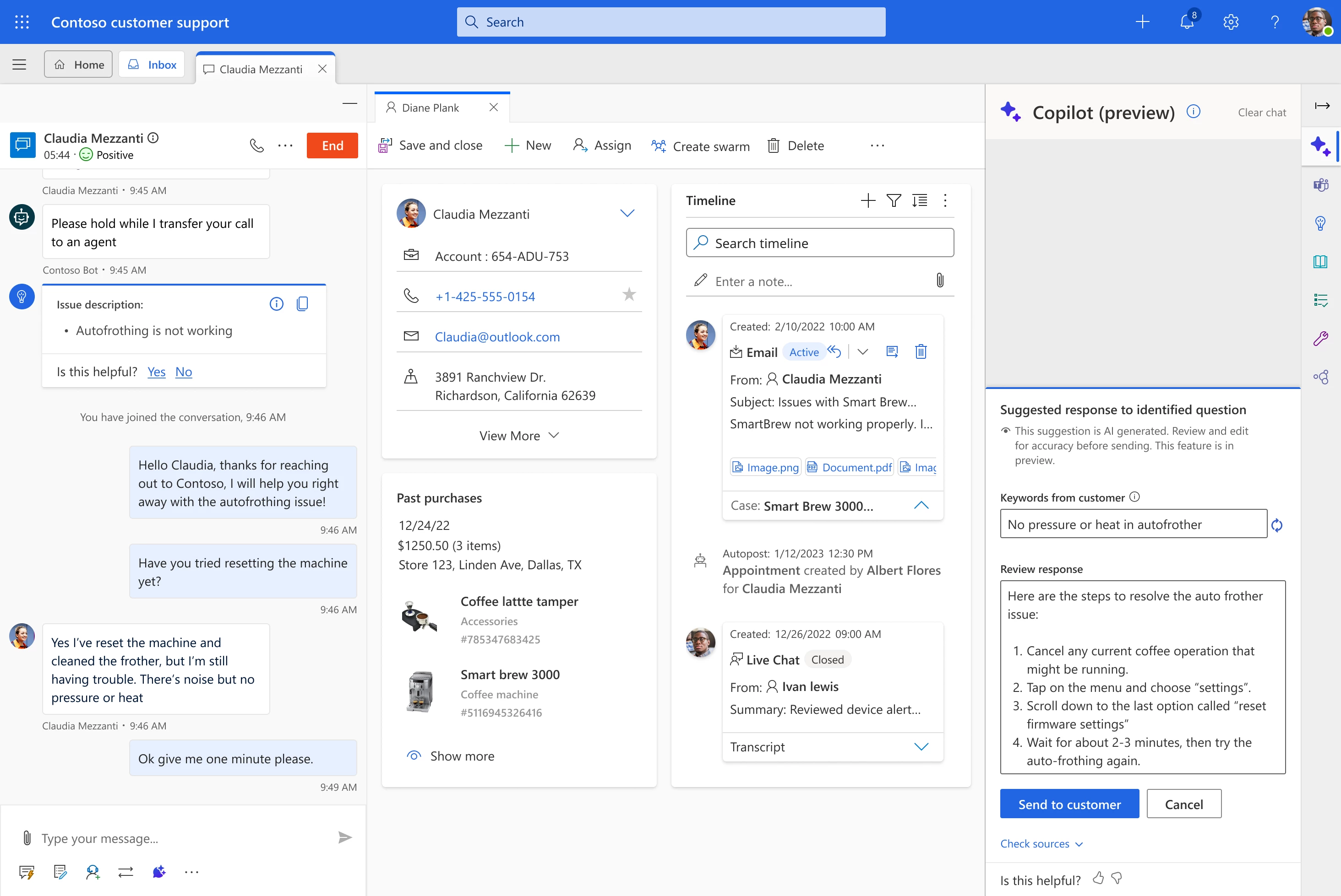 Graphical interface showing the ability to draft a chat response in a single click using Copilot.