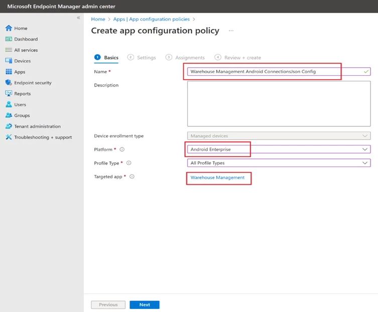 Microsoft Supply Chain Warehouse Management App - Create App Configuration
