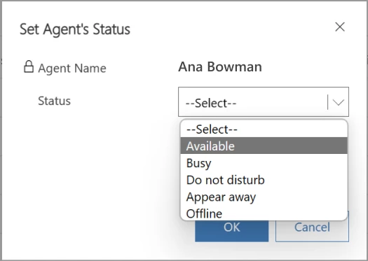 Set Agent's Status pop-up window with agent name and status options