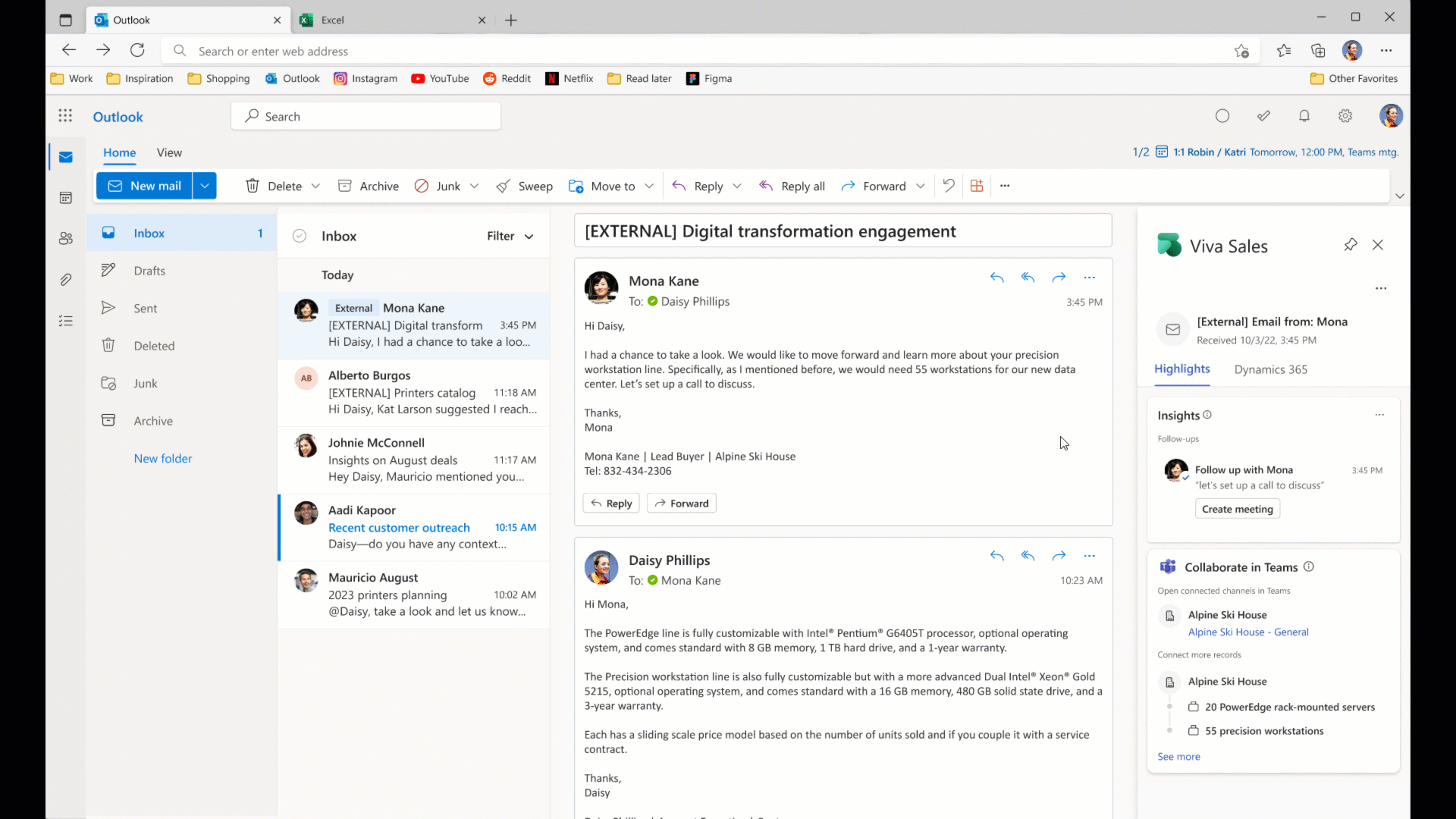 Creating a collaboration space in Microsoft Viva Sales in response to an email 