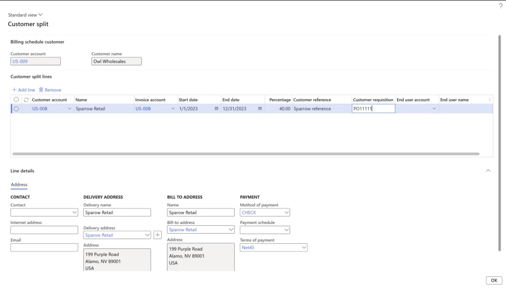 Screenshot of the customer split screen in reference to the billing schedule customer.