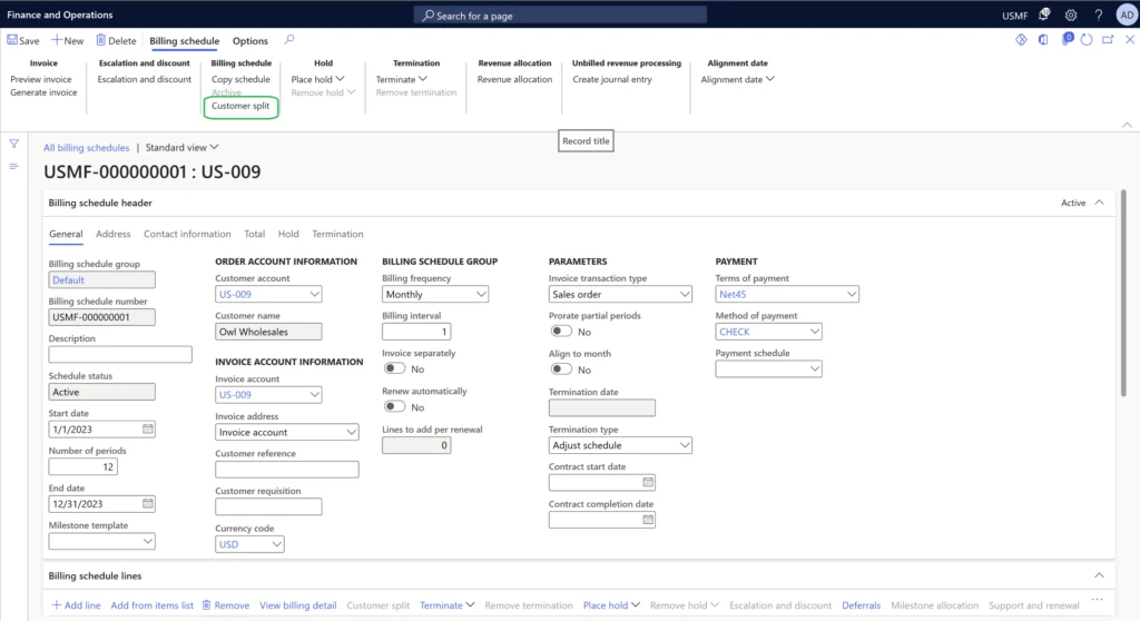 Screenshot showcasing the All billing schedules form with the customer split option highlighted under the billing schedule area of the ribbon.