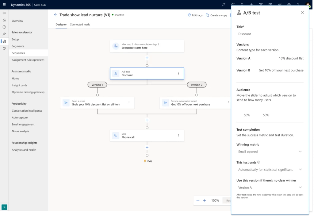 Dynamics 365 Sales hub sequences view that shows a side panel on the right side with A/B test creation process