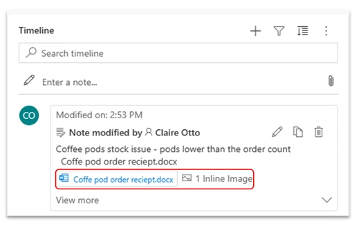 Activity card showing a document attachment on the timeline