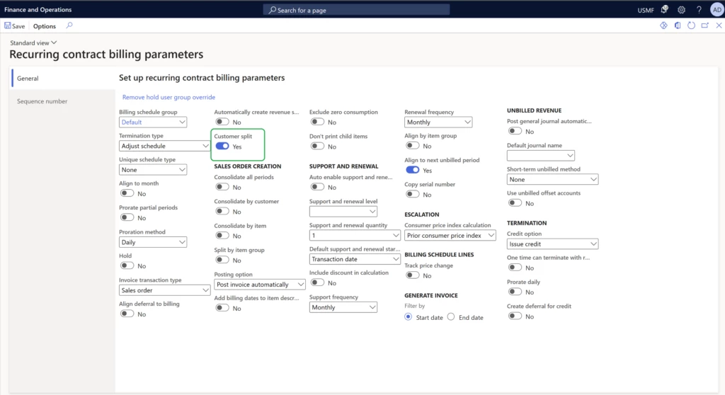Screenshot showing the recurring contract billing parameters focusing on the option to set customer split = yes.