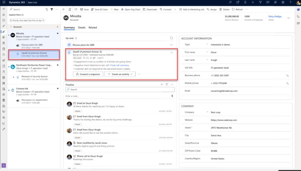 Screenshot of the Dynamics 365 sales accelerator, with account-based seller insights highlighted.