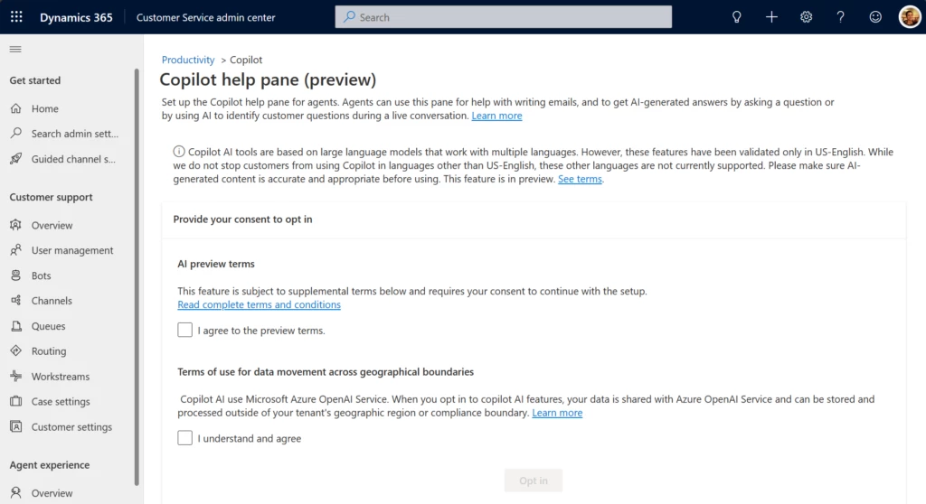 Copilot help pane window with terms of use for cross-geo data in Customer Service admin center