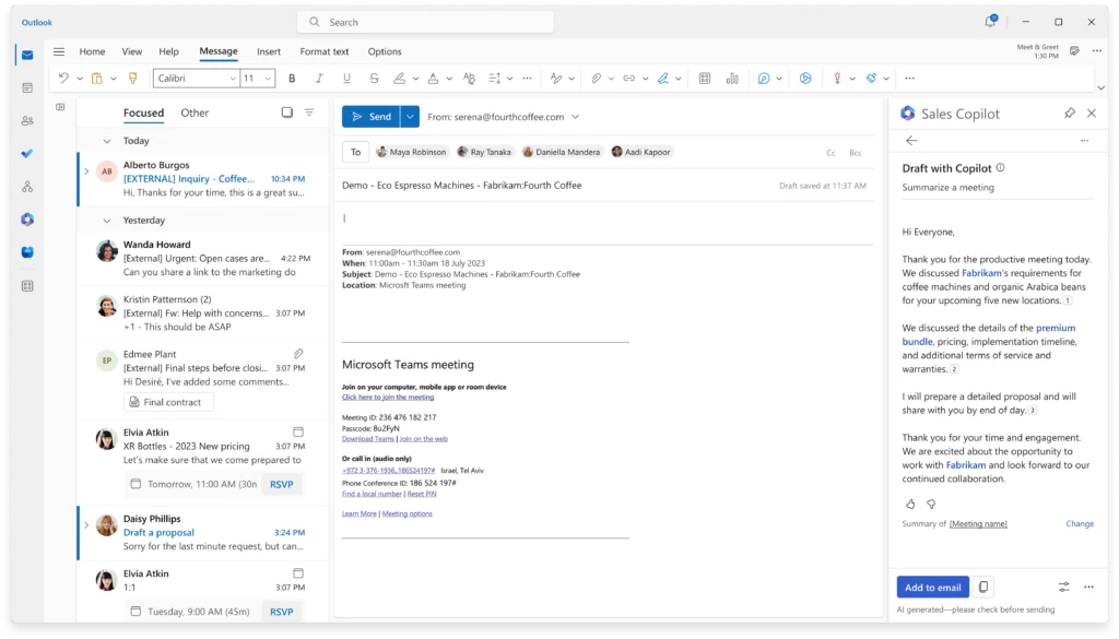 Screenshot of Outlook with the Sales Copilot side panel showing a draft meeting summary.
