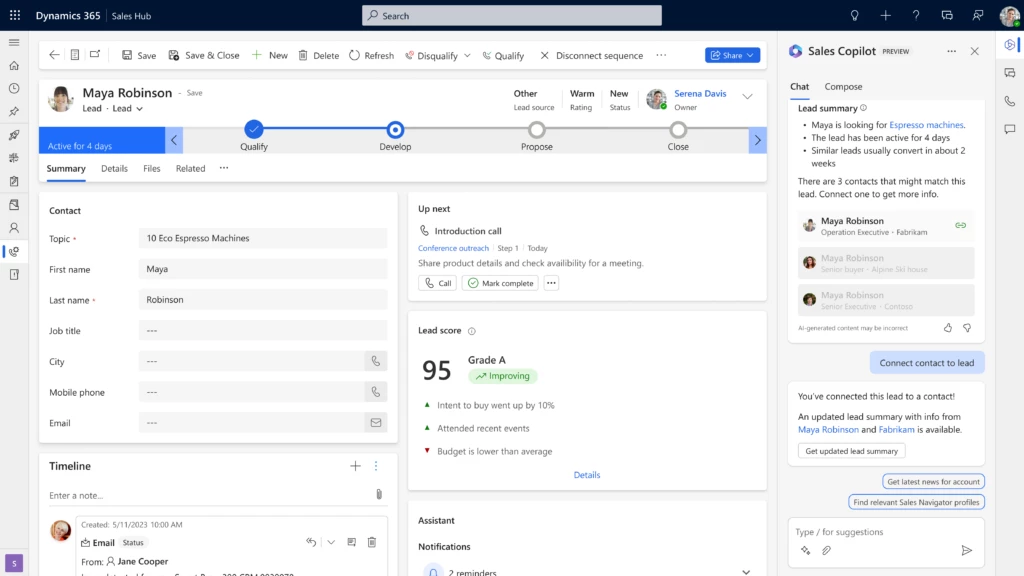 Screenshot of the Dynamics 365 Sales lead view, with the Sales Copilot side panel showing the lead summary view.