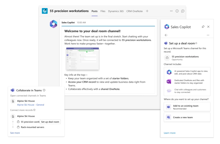 Collage of several screenshots showing aspects of a collaboration space in Teams.