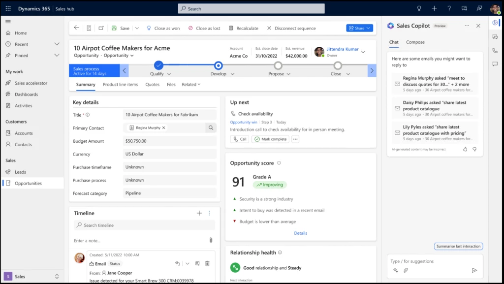 Screenshot of the Dynamics 365 Sales opportunity view, with the Sales Copilot side panel showing the email follow-up view.