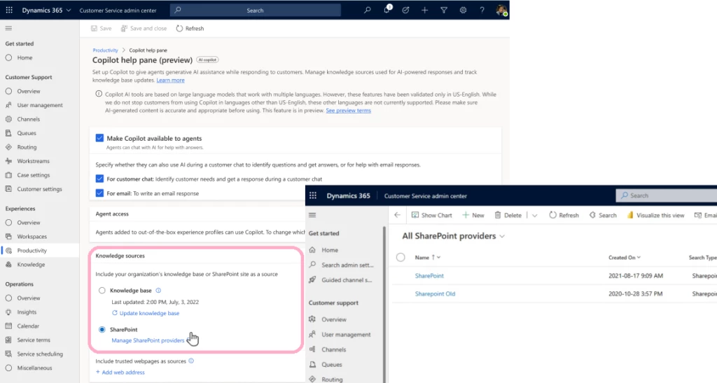 Dynamics 365 Customer Service admin center with SharePoint selected as a knowledge source