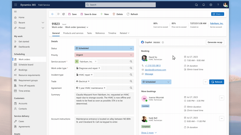Screen recording depicting the redesigned Dynamics 365 Field Service work order management experience that includes intelligent recaps and summaries.