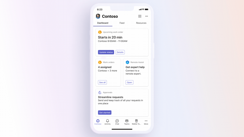 Screen recording depicting that work orders are now visible at-a-glance in the home experience in Teams mobile.