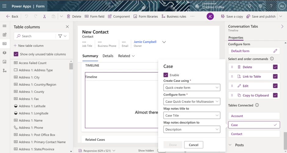 Power Apps Form to create a new contact with the Case drop-down list expanded to show mapping configuration